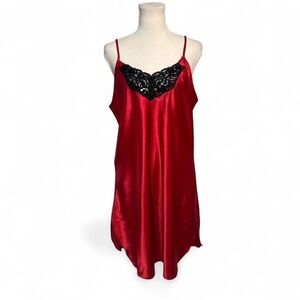 Vintage Inner Most Red Satin Black Lace Slip Dress Nightgown XL‎